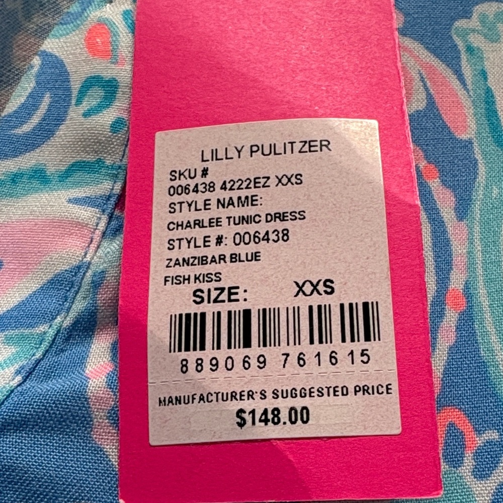 Lilly Pulitzer Charlee Tunic Zanzibar Blue and Pink Tunic Dress Fish KISS - Picture 2 of 7